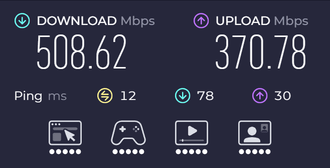 Speed test showing 500+ Mbps download on Brettelberg's fiber Wi-Fi