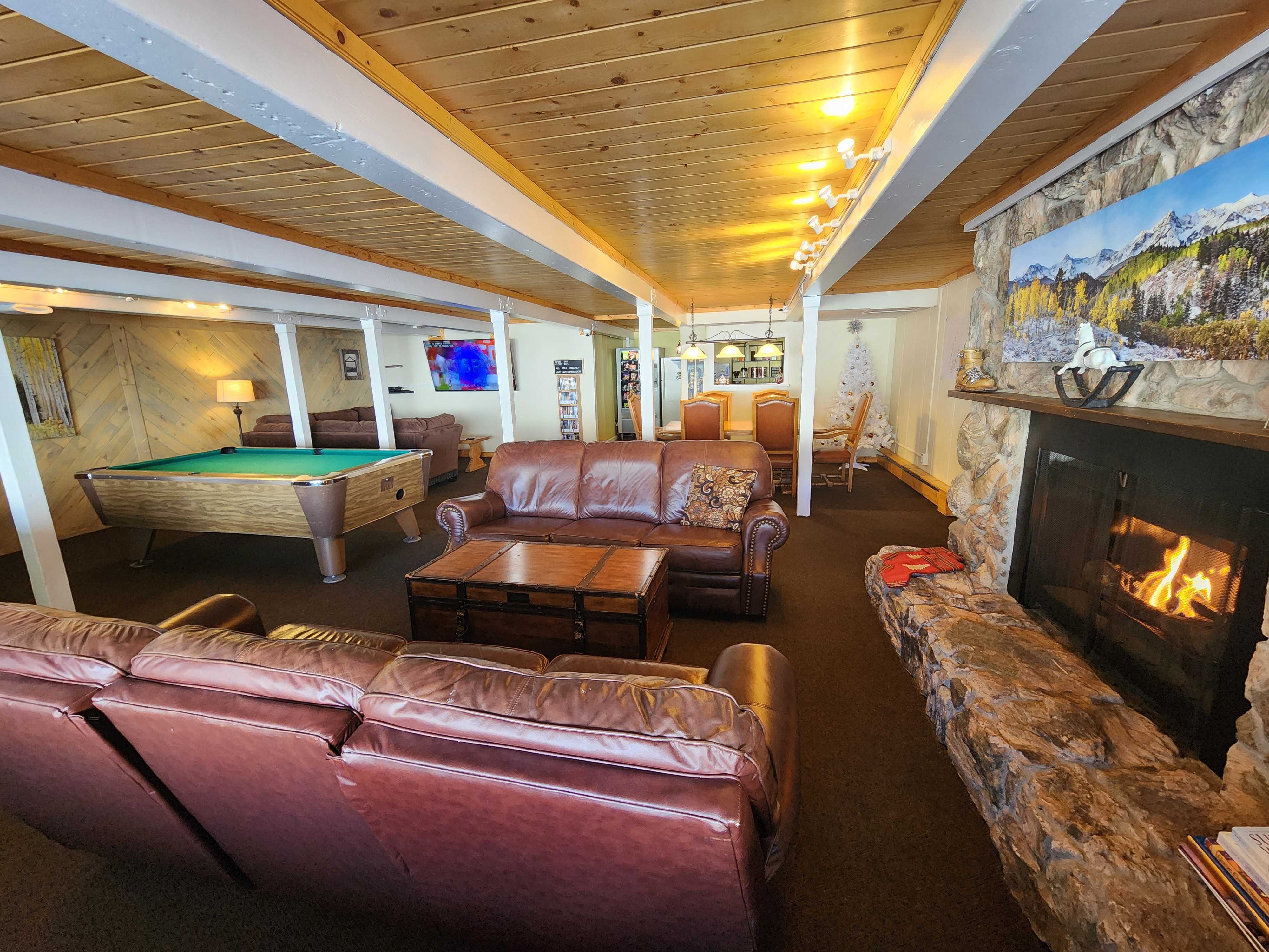 Impressive stone fireplace in the common area